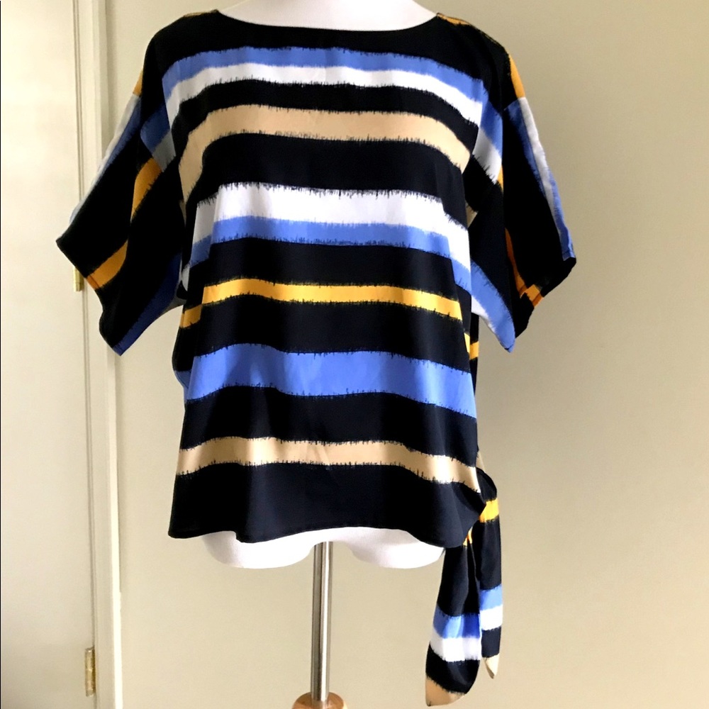 Michael Kors Short Sleeve Top Petite Medium Side Tie Blue Black Gold White